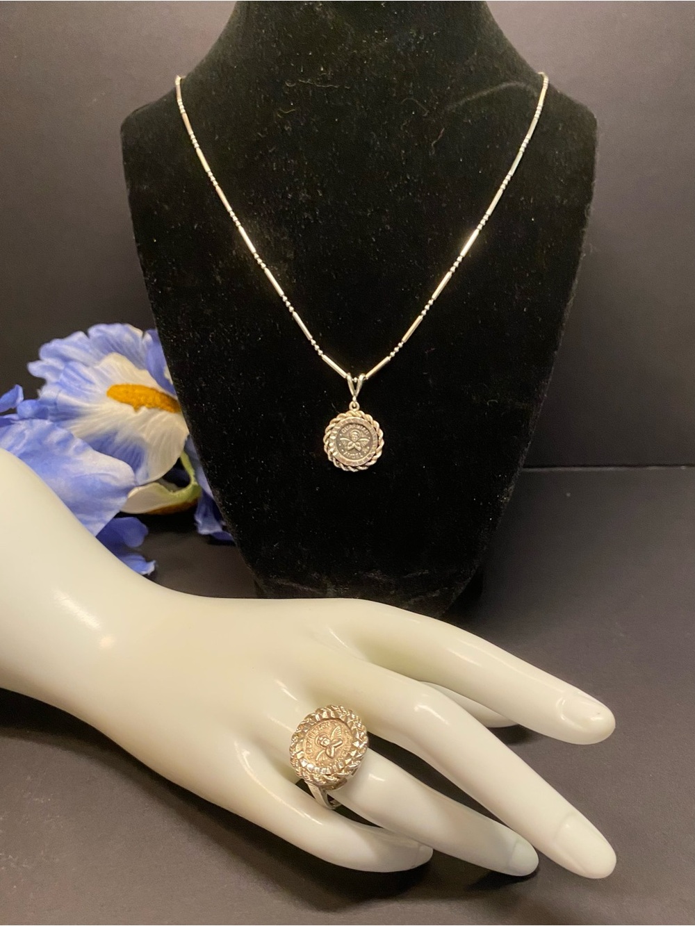 🪽Badavici Sterling Guardian Angel Necklace, Pendant and Ring - Size 7.75